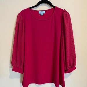 Women Round Neck 3/4 Sleeves Textured Blouse, Fuchsia medium